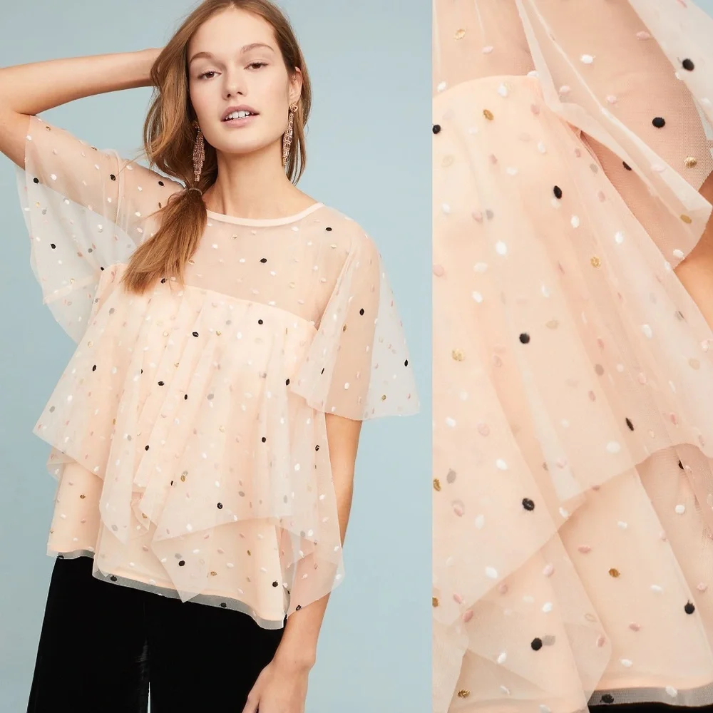 Eva Franco Anthropologie peach apricot mesh layered Polka Dot Top short sleeve - Picture 1 of 8